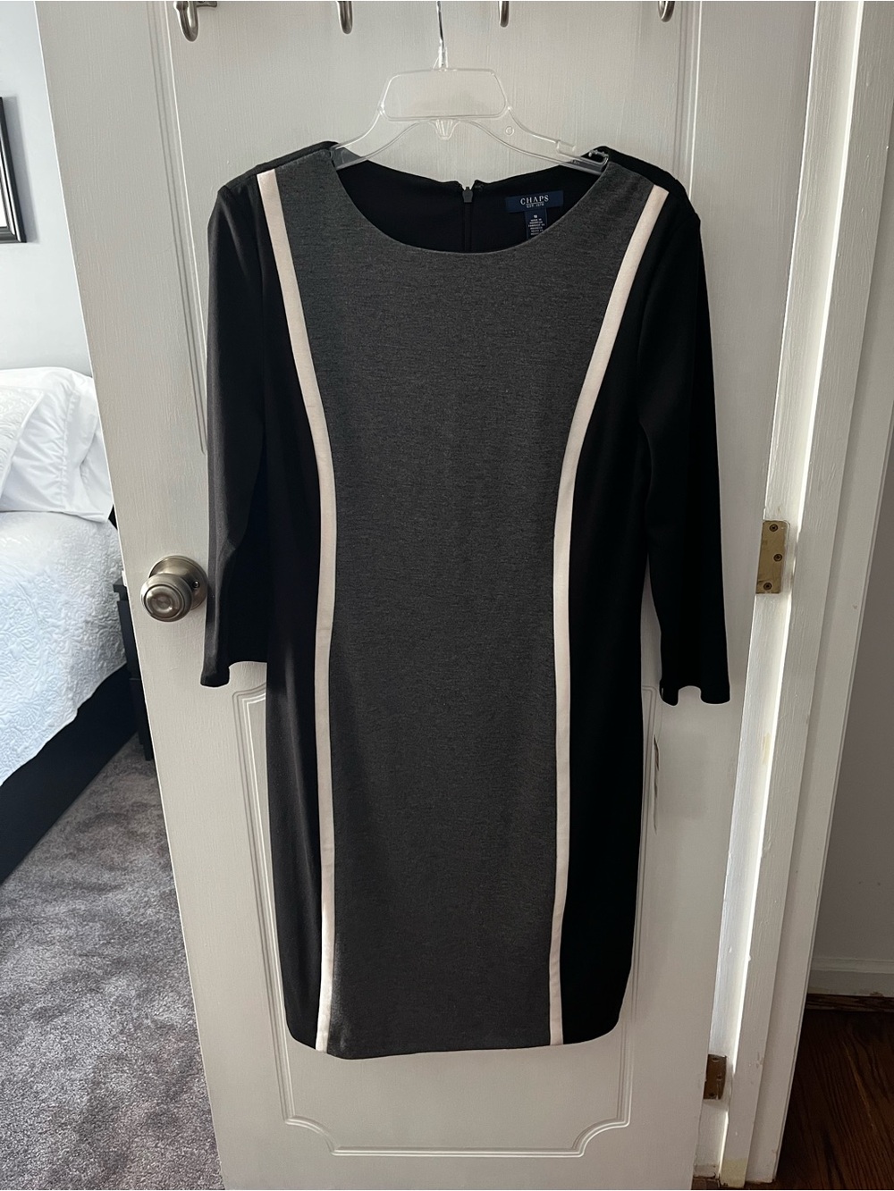 Chaps Colorblock Sheath Dress Black Gray White Trim 3/4 Sleeve